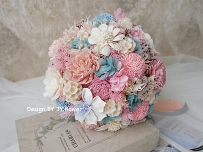 圓形乾燥花分束捧花【寧靜粉藍】1