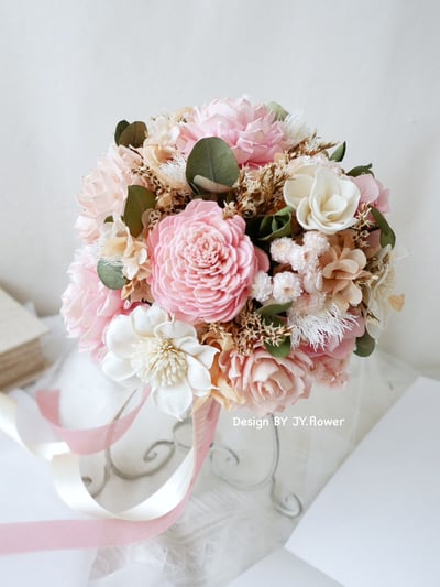 圓形乾燥花捧花【純白粉戀】2