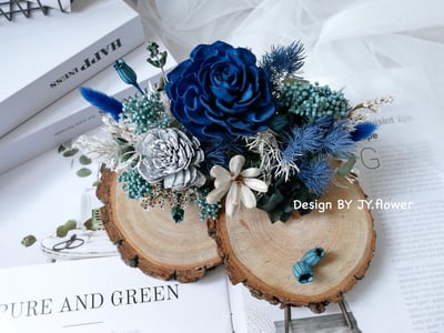 雙層木片乾燥花名片座【藍調】2