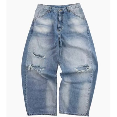 【fuchun】【🇰🇷】不均勻 淺刷色 刀割 破壞 水洗 寬版 牛仔褲11