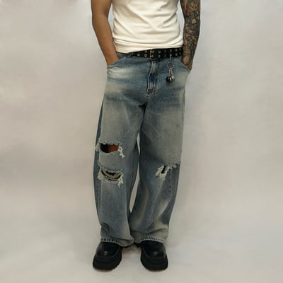 【fuchun】【🇰🇷】不均勻 淺刷色 刀割 破壞 水洗 寬版 牛仔褲7