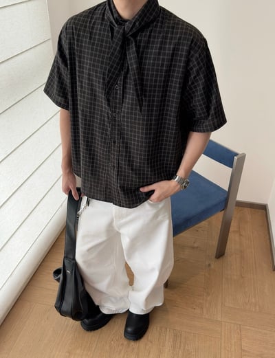 Carpem法式綁帶格紋短袖襯衫7