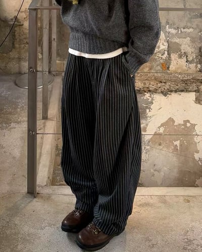 直條細紋高級闊腿西褲4