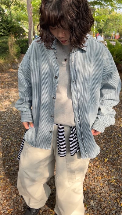 條紋水洗春季棉質襯衫外套2