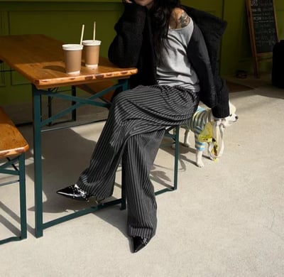 直條細紋高級闊腿西褲8