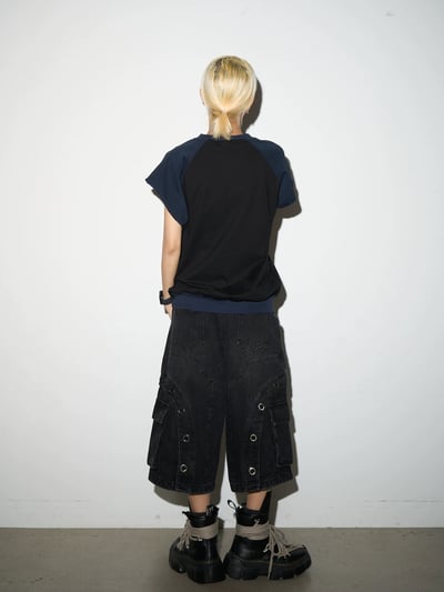 MICHINNYON金屬環牛仔拼接結構七分褲3