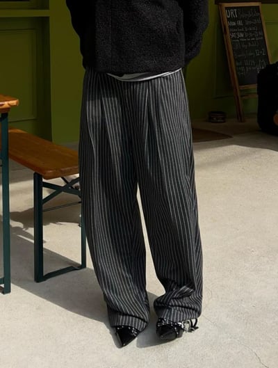 直條細紋高級闊腿西褲9