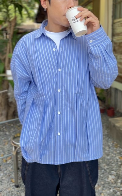 抓摺條紋廓形襯衫2
