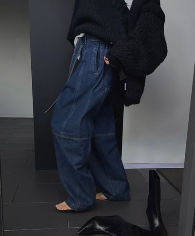 🇰🇷⭐️腰帶設計十字拼接線闊腿牛仔褲（男女款）2