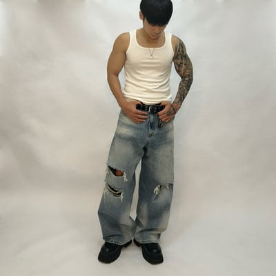 【fuchun】【🇰🇷】不均勻 淺刷色 刀割 破壞 水洗 寬版 牛仔褲5