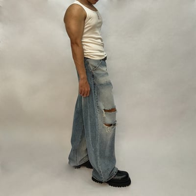 【fuchun】【🇰🇷】不均勻 淺刷色 刀割 破壞 水洗 寬版 牛仔褲2