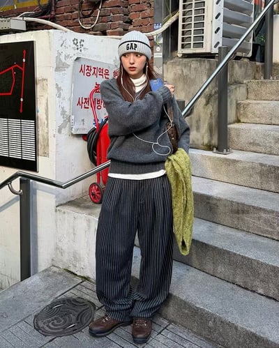 直條細紋高級闊腿西褲3