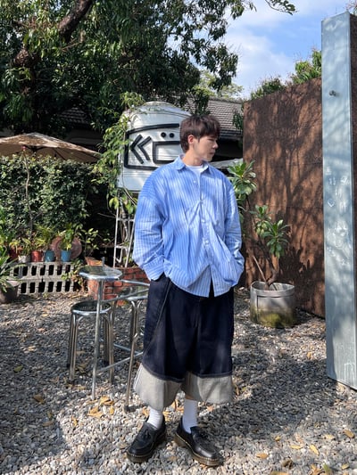 抓摺條紋廓形襯衫7