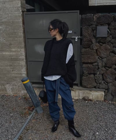 🇰🇷⭐️腰帶設計十字拼接線闊腿牛仔褲（男女款）3