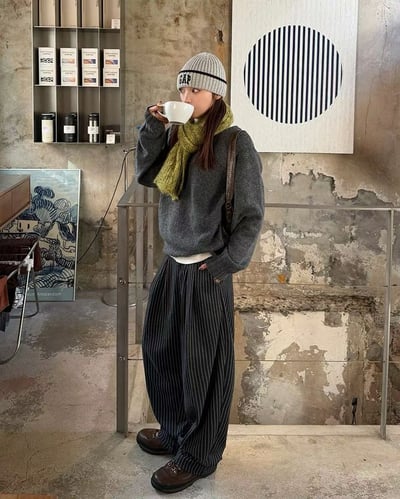 直條細紋高級闊腿西褲2