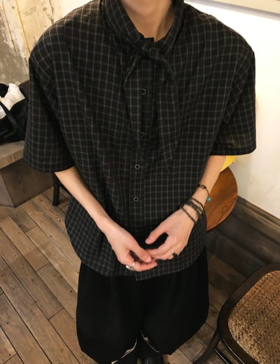 Carpem法式綁帶格紋短袖襯衫8