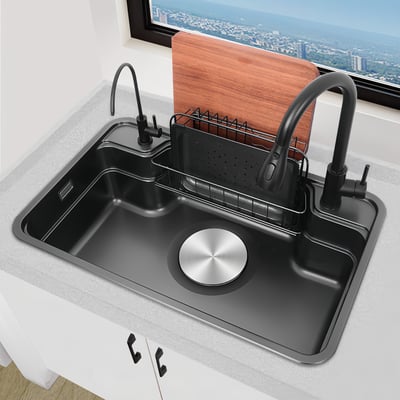 日向 - 日式3D壓紋多功能大單槽 - 不鏽鋼色/暮色黑-SUN3209/12092