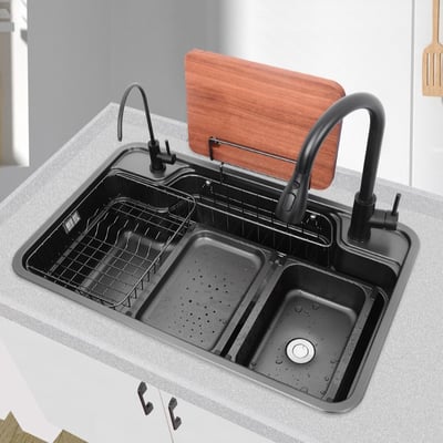 日向 - 日式3D壓紋多功能大單槽 - 不鏽鋼色/暮色黑-SUN3209/12091