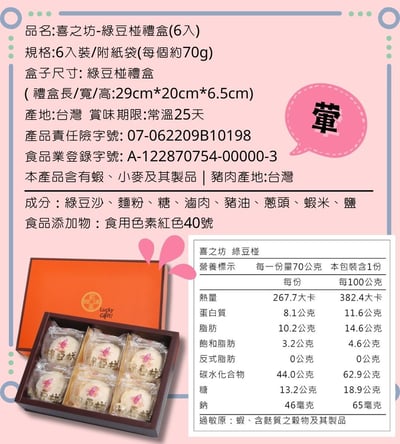 ｜喜之坊中秋限定｜冠軍綠豆椪禮盒｜奶皇綠豆椪禮盒｜兩款可選｜一盒6入｜附提袋｜12