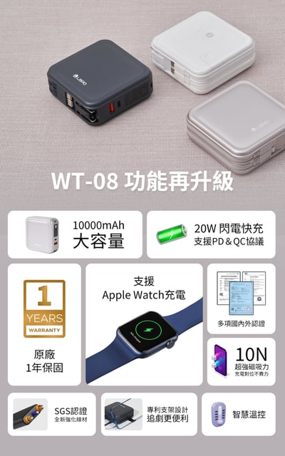 ｜LaPO｜三代WT-08｜超進化八合一無線快充行動電源｜ ｜三色可選｜琉光金｜微墨藍｜柔霧白｜2