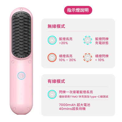｜TYMO｜PORTA Pro 陶瓷發熱直髮梳｜無線輕巧｜2億負離子｜夢幻粉14
