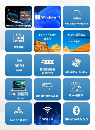 Acer 宏碁 15.6吋 AMD Ryzen 3效能筆電(Aspire Lite/Ryzen 3-5300U/8G/256G/W11)3