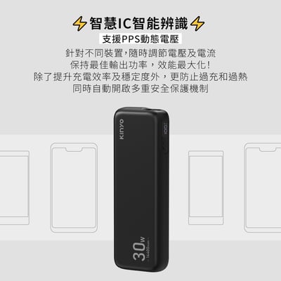 ｜KINYO｜PD 30W輕效商務極速充｜WH標示 14400mAh｜KPB-28007