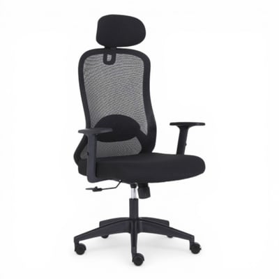 季風網布頭枕高背扶手電腦椅-黑色1