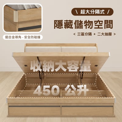 舒眠系雙人多功能收納掀床架-5尺-原木色12