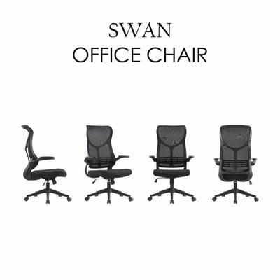 Swan天鵝造型半網旋轉扶手升降黑腳電腦椅-黑色2