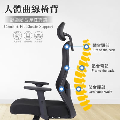 季風網布頭枕高背扶手電腦椅-黑色11