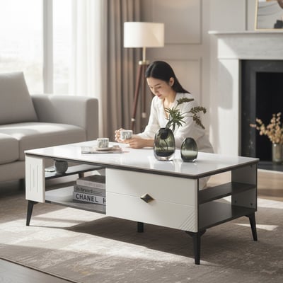 雪岩4尺岩板收納大茶几-白色14