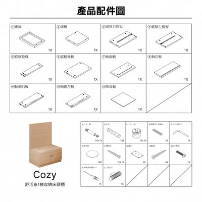 Cozy舒活系1抽收納床頭櫃-原木色18
