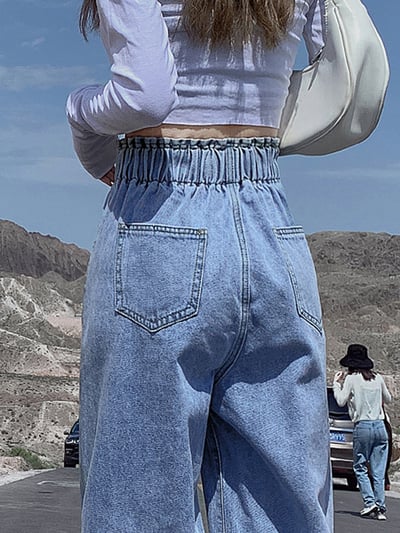 高腰雙釦全鬆緊直筒牛仔褲3