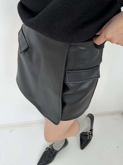 韓國鬆緊腰皮革短褲裙6