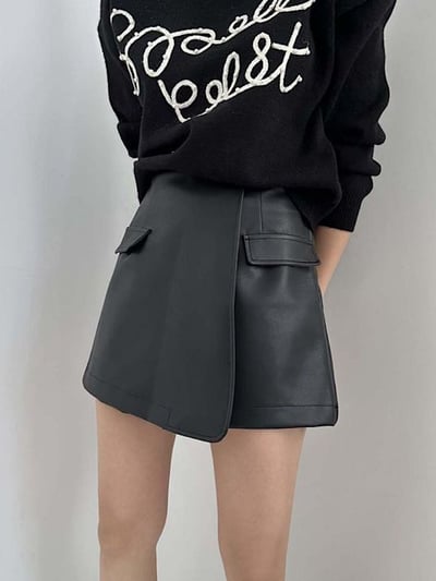 韓國鬆緊腰皮革短褲裙1