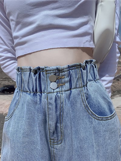 高腰雙釦全鬆緊直筒牛仔褲2