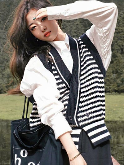 百搭V領黑白紋背心1