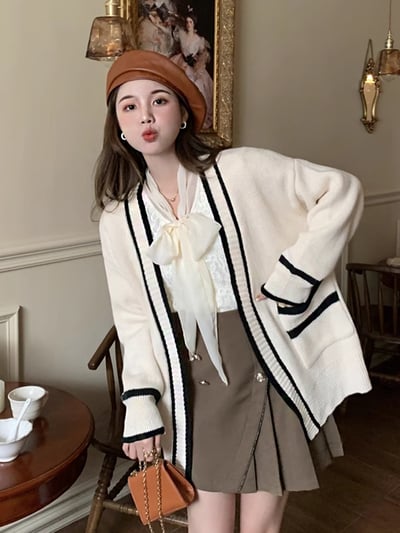 韓感小香風毛衣外套1