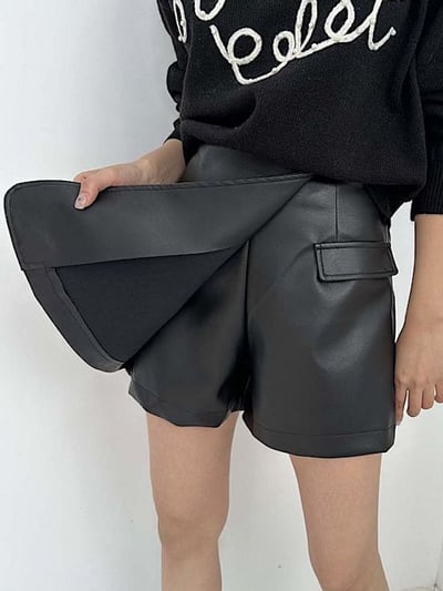 韓國鬆緊腰皮革短褲裙2