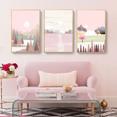 色塊 虛擬森林 小清新少女日系風景插畫粉色 6款3