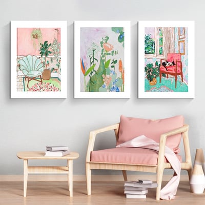 油畫風格 貓咪 陽台 北歐小清新綠色植物 三款5