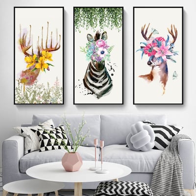 麋鹿 斑馬花卉系列  特殊長型畫框  四款1