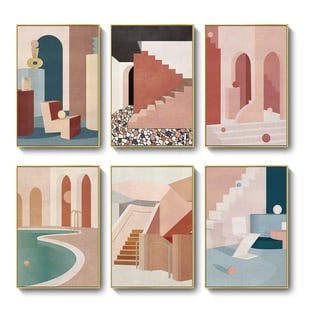 現代簡約 幾何建築創意風景 莫蘭迪色掛畫 8款7