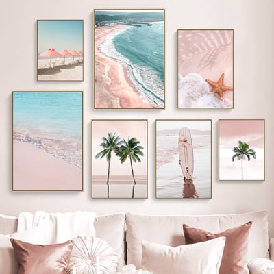 北歐粉色系椰樹大海風景 7款1