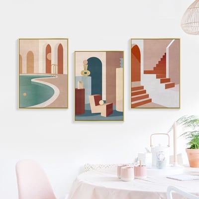 現代簡約 幾何建築創意風景 莫蘭迪色掛畫 8款4