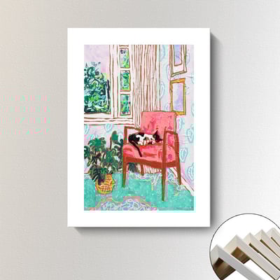 油畫風格 貓咪 陽台 北歐小清新綠色植物 三款7