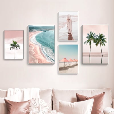 北歐粉色系椰樹大海風景 7款4