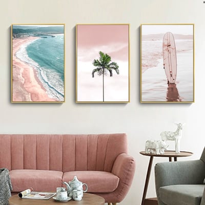 現代簡約 海洋 沙灘 粉紅色北歐粉色椰樹大海風景 6款4