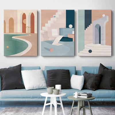 現代簡約 幾何建築創意風景 莫蘭迪色掛畫 10款3